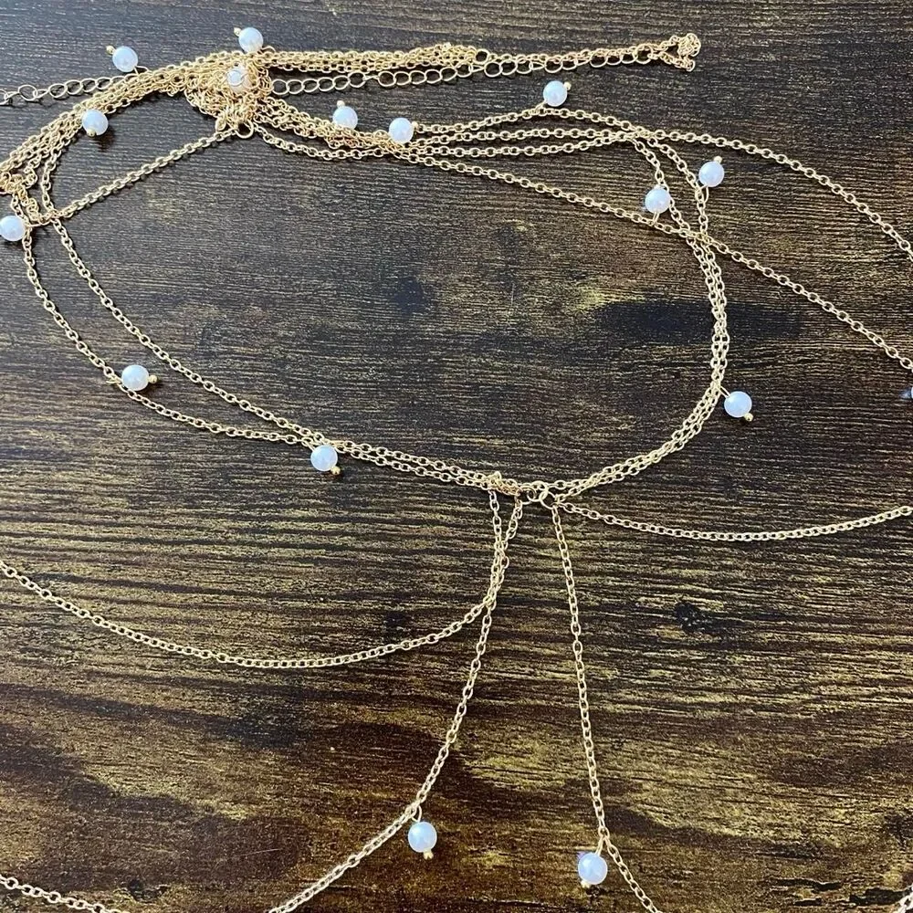 Gold Y2K Pearl Draped Layered Body Chain Belt, Fits 27-40 Inches, X7GA1279